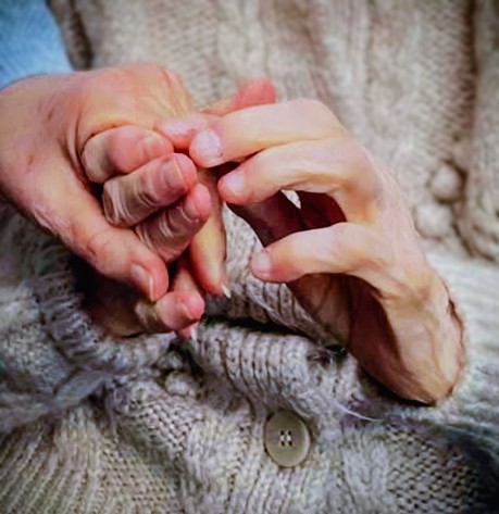 a pair of old hands holding a younger hand in comfort. 