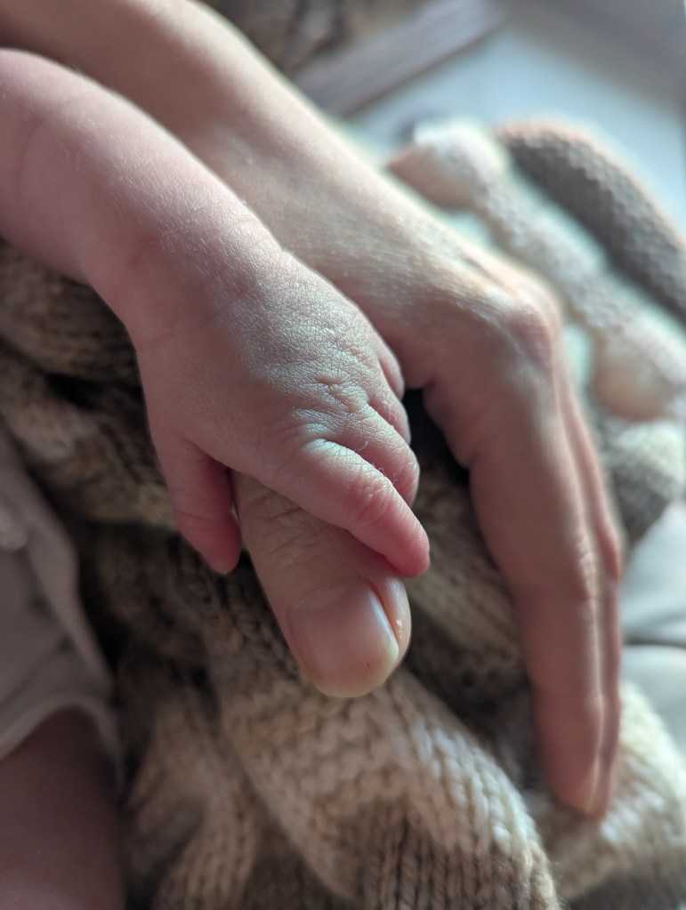 A baies hand holding onto the thumb of her mother's hand. Blankets in the background. 